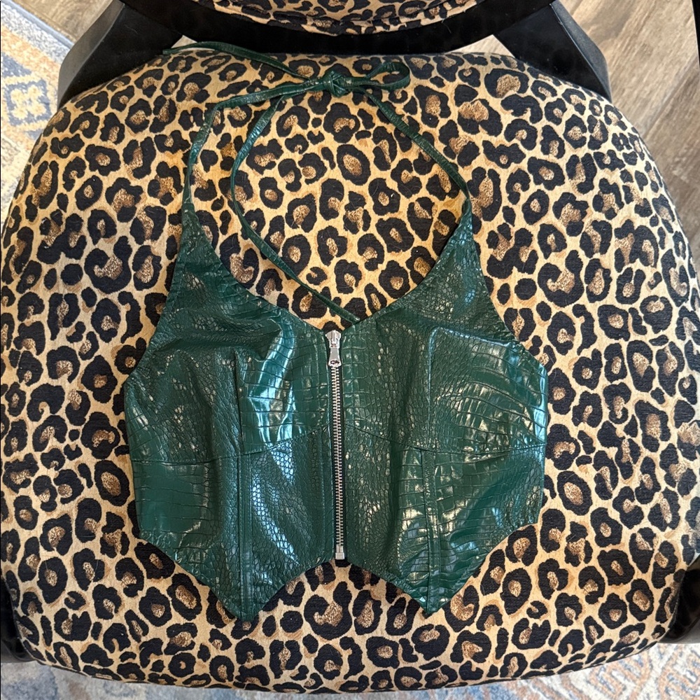 Tiger Mist Green Croc-Textured Crop Top